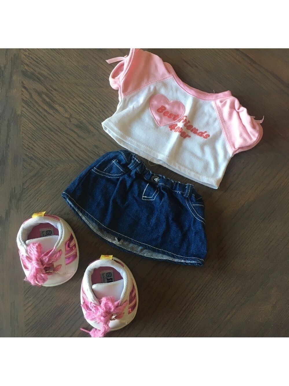 Build-a-Bear Workshop casual outfit bundle with skirt/tee/Skechers sneakers